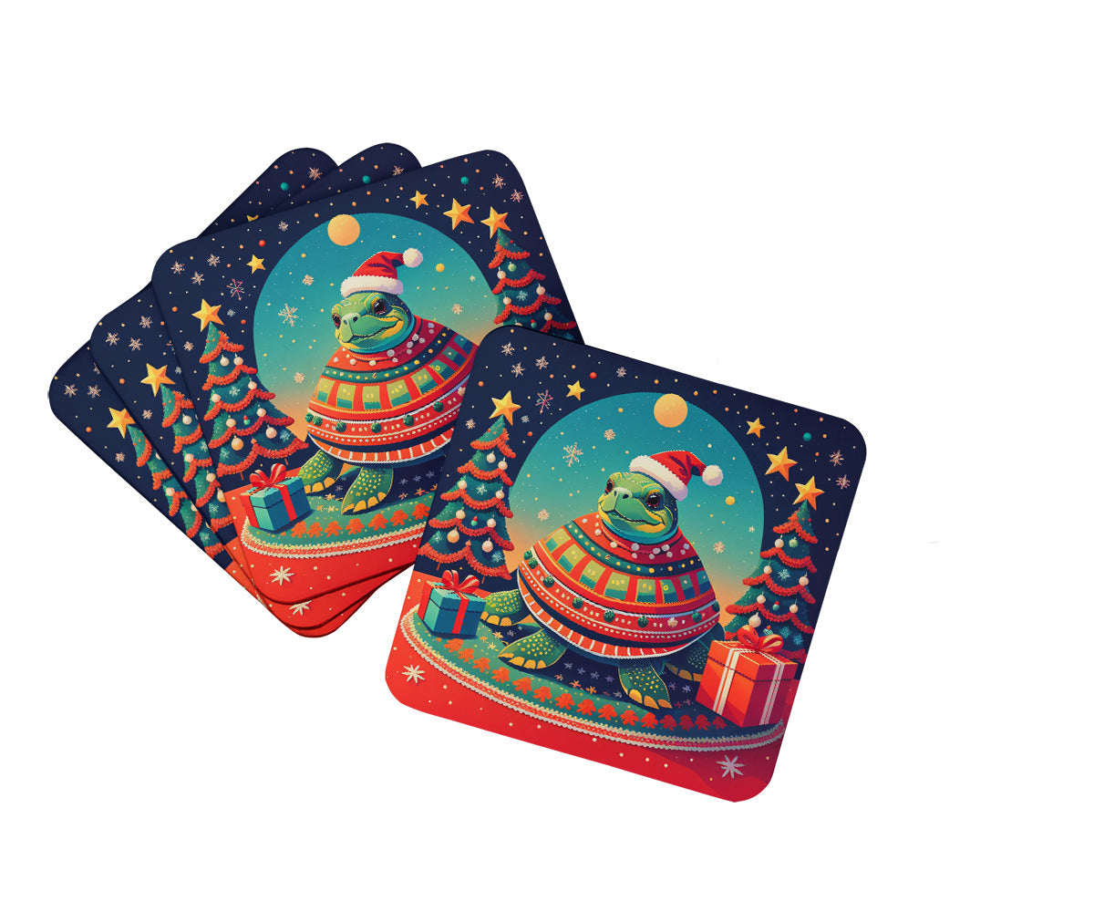 Turtle Christmas Foam Coasters Set of 4 Cup Coasters for Indoor Outdoor, Tabletop Protection, Anti Slip, Mouse pad Material