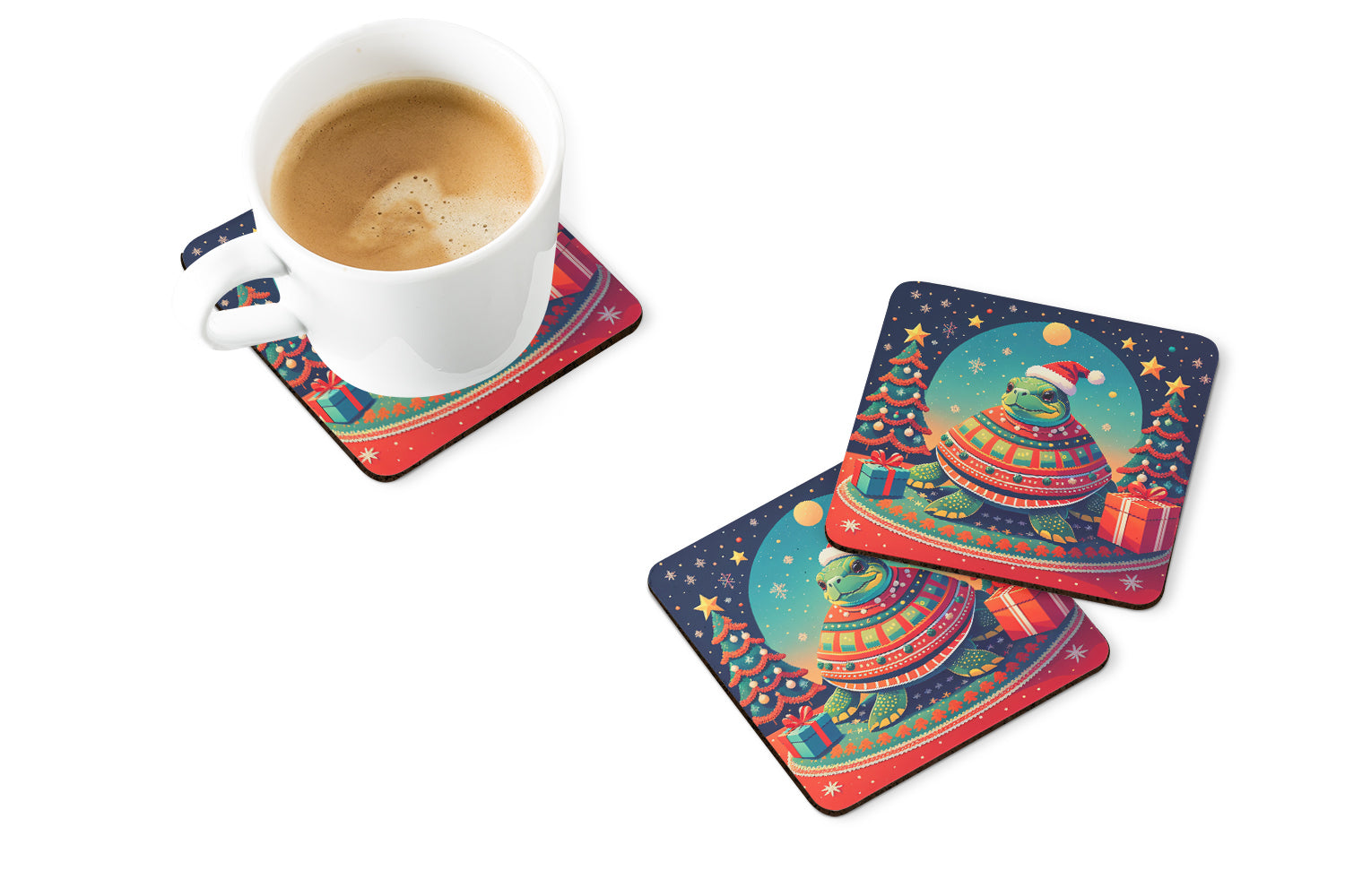 Turtle Christmas Foam Coasters Set of 4 Cup Coasters for Indoor Outdoor, Tabletop Protection, Anti Slip, Mouse pad Material