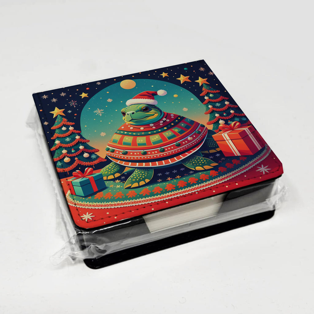 Turtle Christmas PU Leather Note Paper Holder with Artist-Designed Cover, Desk Accessory, Office Gift