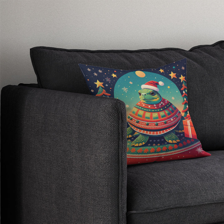 Turtle Christmas Decorative Throw Pillow 14x14 Indoor Outdoor Accent Cushion, Fabric Cover with Insert for Sofa, Bed, Porch & Living Room