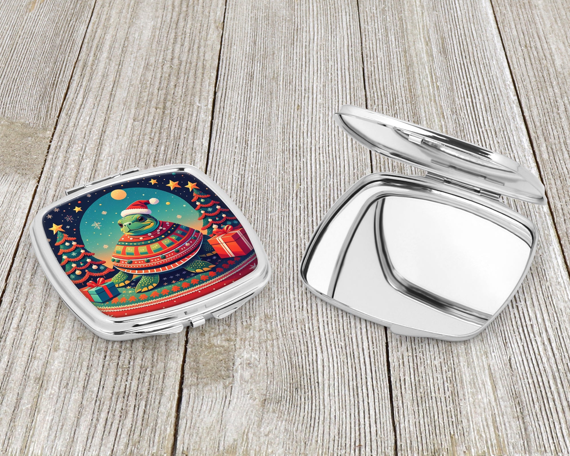 Turtle Christmas Compact Mirror Decorative Travel Makeup Mirror for Women Girls Gifts Pocket Makeup Mirror Folding Handheld