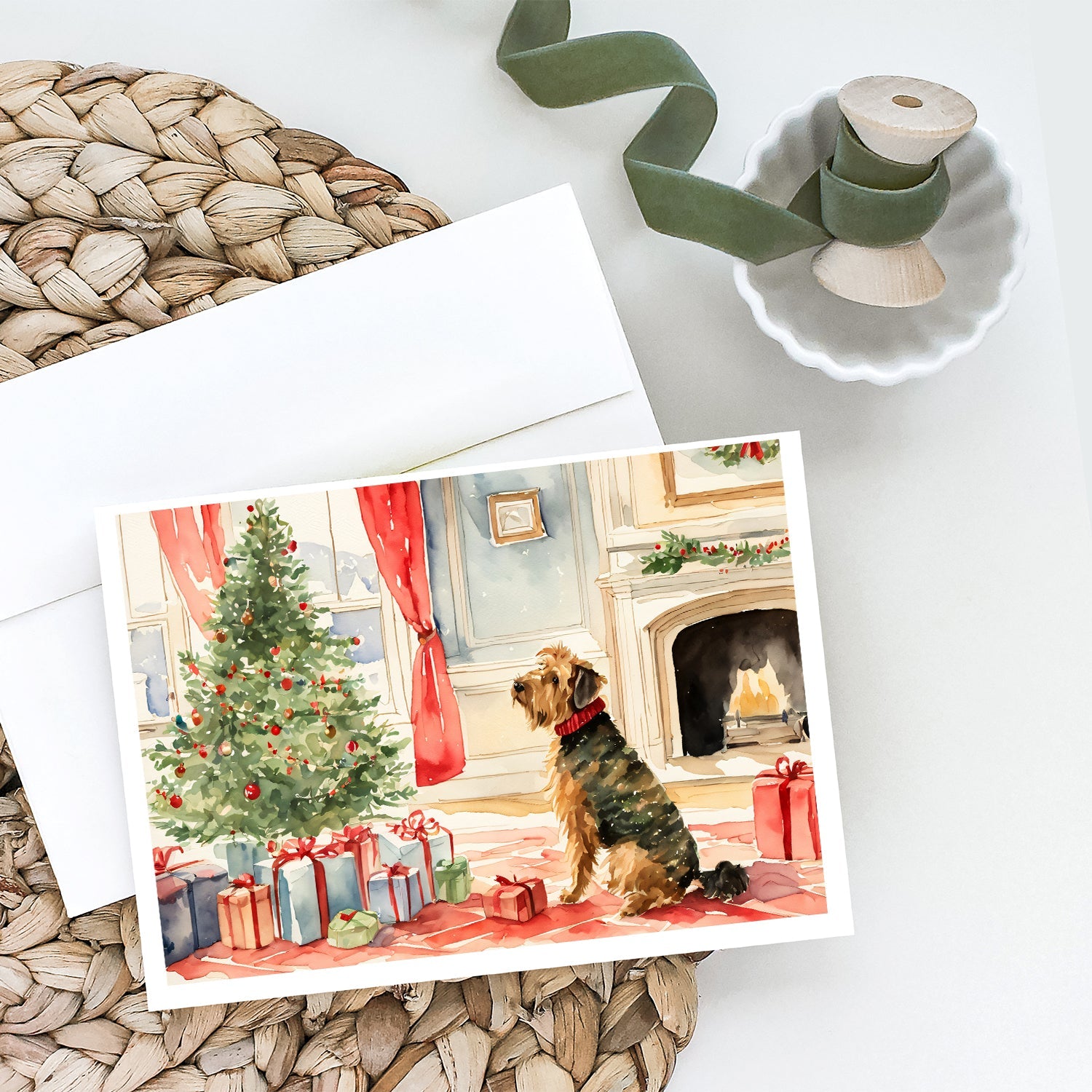 Airedale Terrier Christmas Greeting Cards Pack of 8 Blank Cards with Envelopes Whimsical A7 Size 5x7
