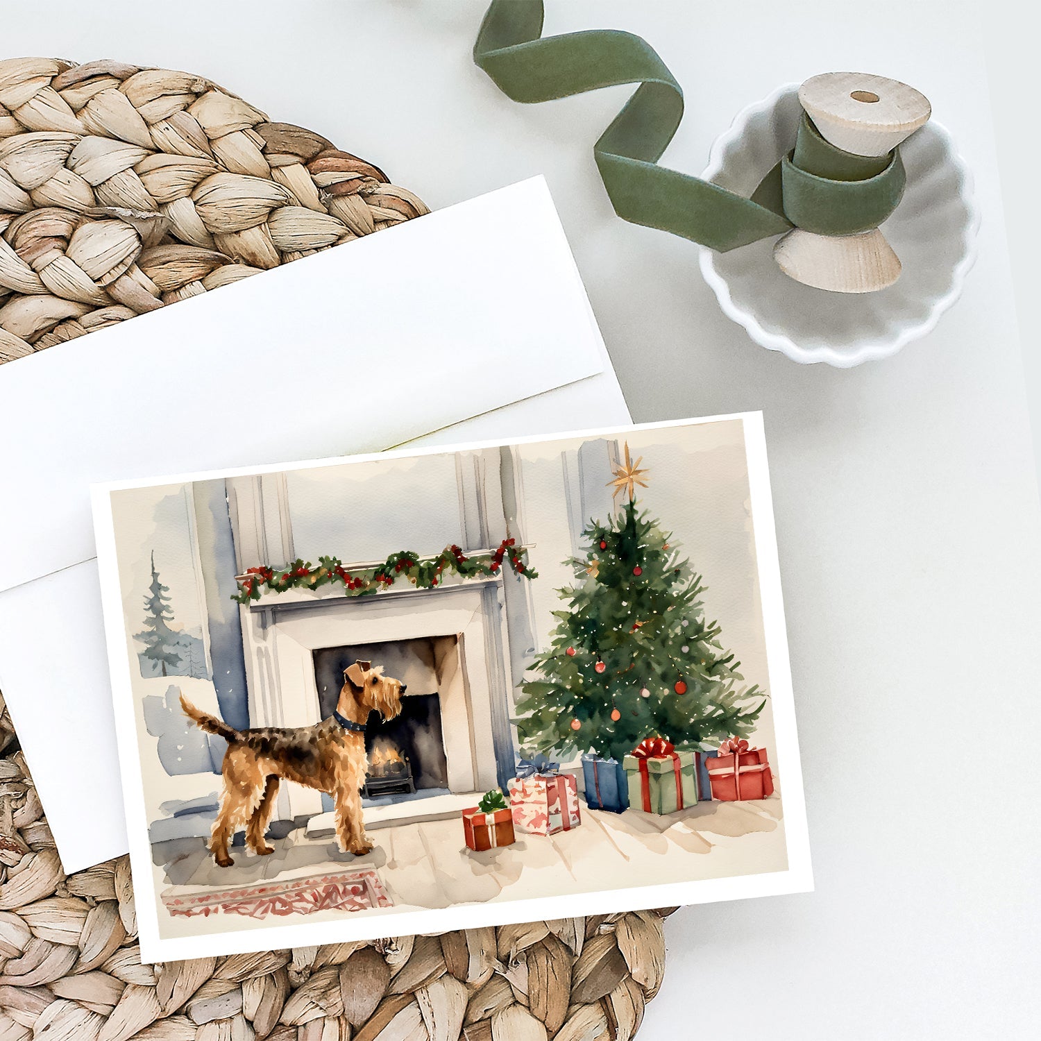 Airedale Terrier Christmas Greeting Cards Pack of 8 Blank Cards with Envelopes Whimsical A7 Size 5x7