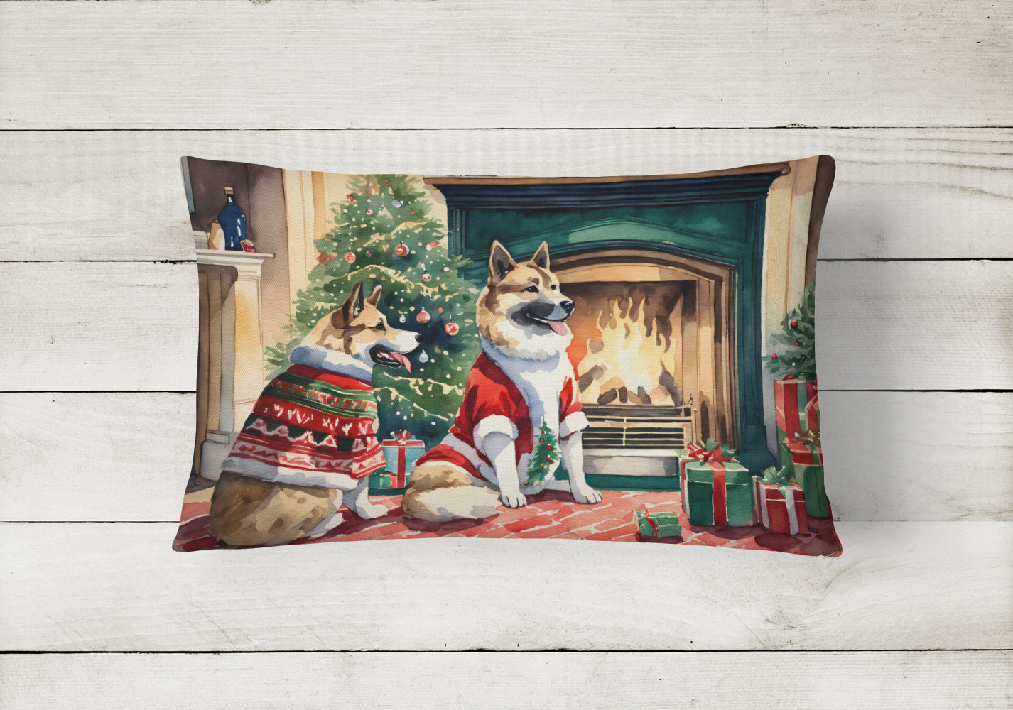 Akita Christmas Decorative Throw Pillow 12x16 Indoor Outdoor Accent Cushion, Fabric Cover with Insert for Sofa, Bed, Porch & Living Room