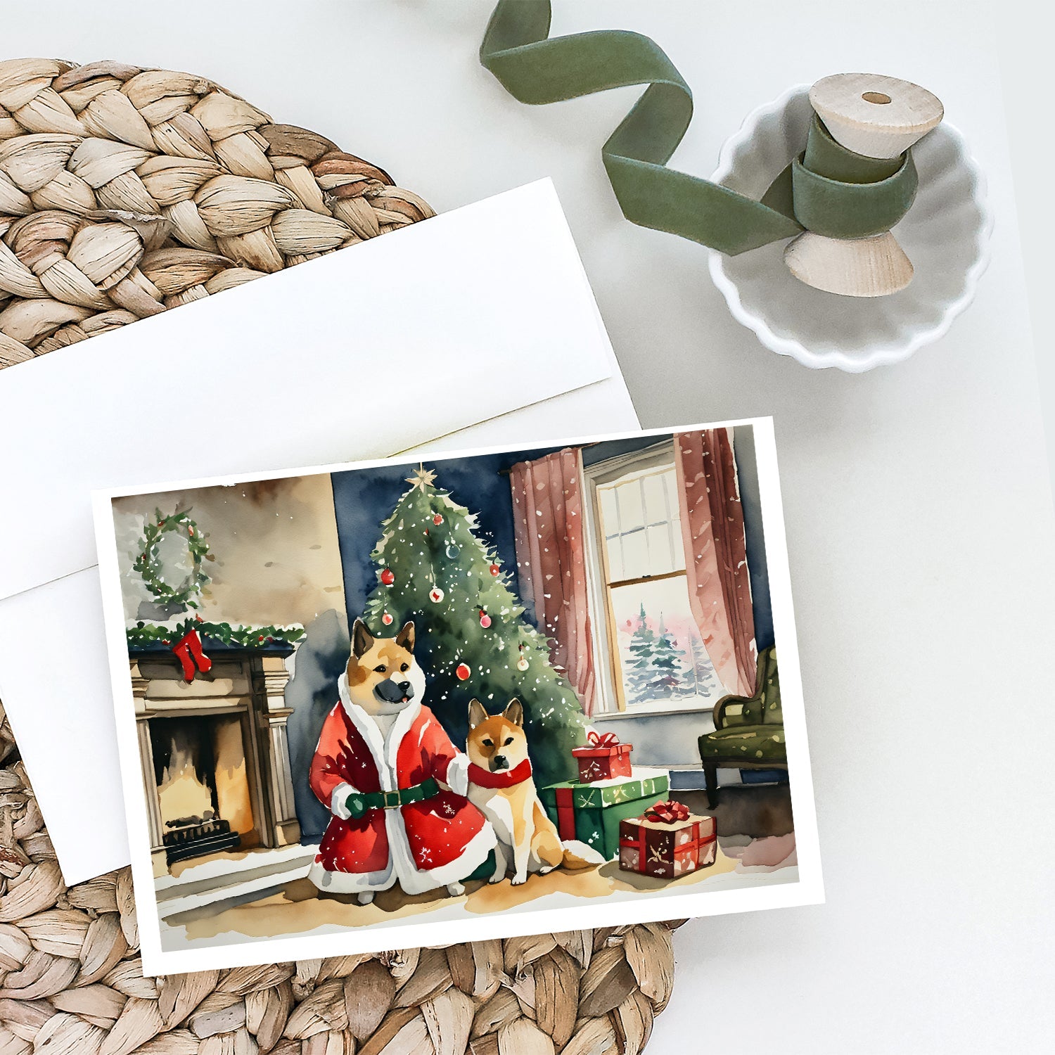 Akita Christmas Greeting Cards Pack of 8 Blank Cards with Envelopes Whimsical A7 Size 5x7