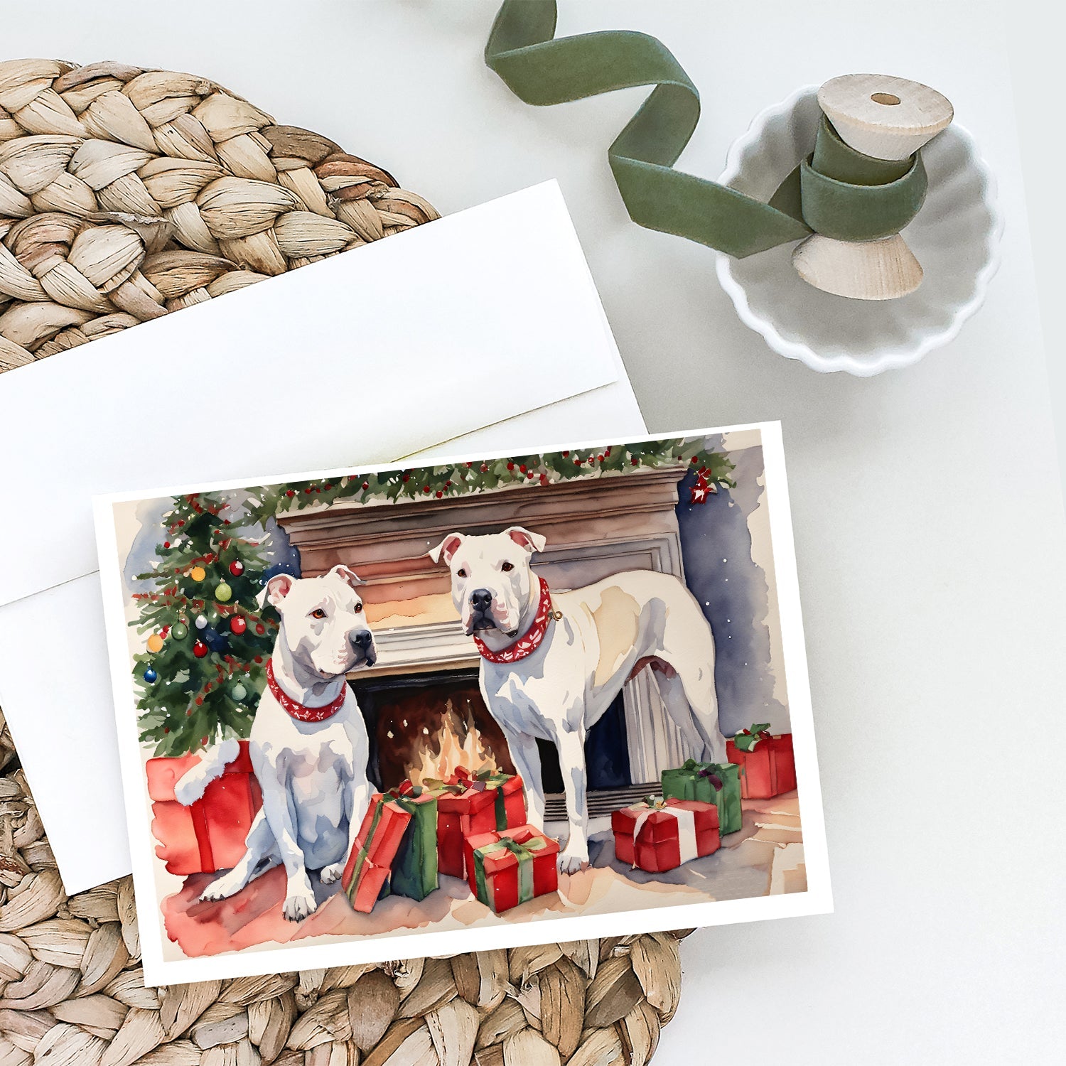 White Pit Bull Terrier Christmas Greeting Cards Pack of 8 Blank Cards with Envelopes Whimsical A7 Size 5x7