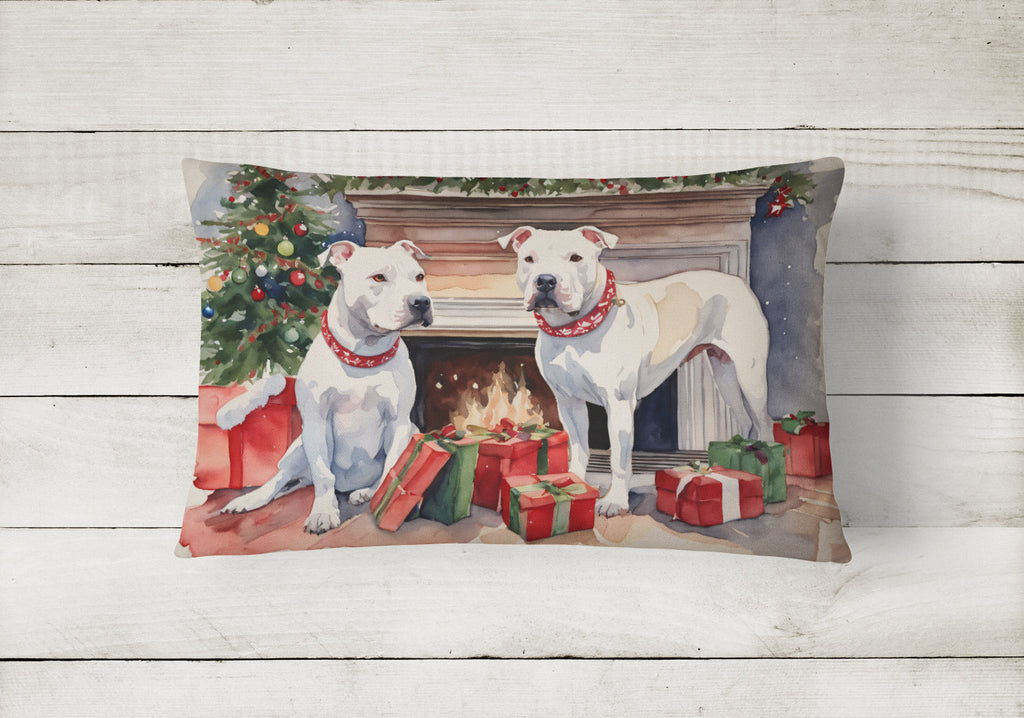 White Pit Bull Terrier Christmas Decorative Throw Pillow 12x16 Indoor Outdoor Accent Cushion, Fabric Cover with Insert for Sofa, Bed, Porch & Living Room