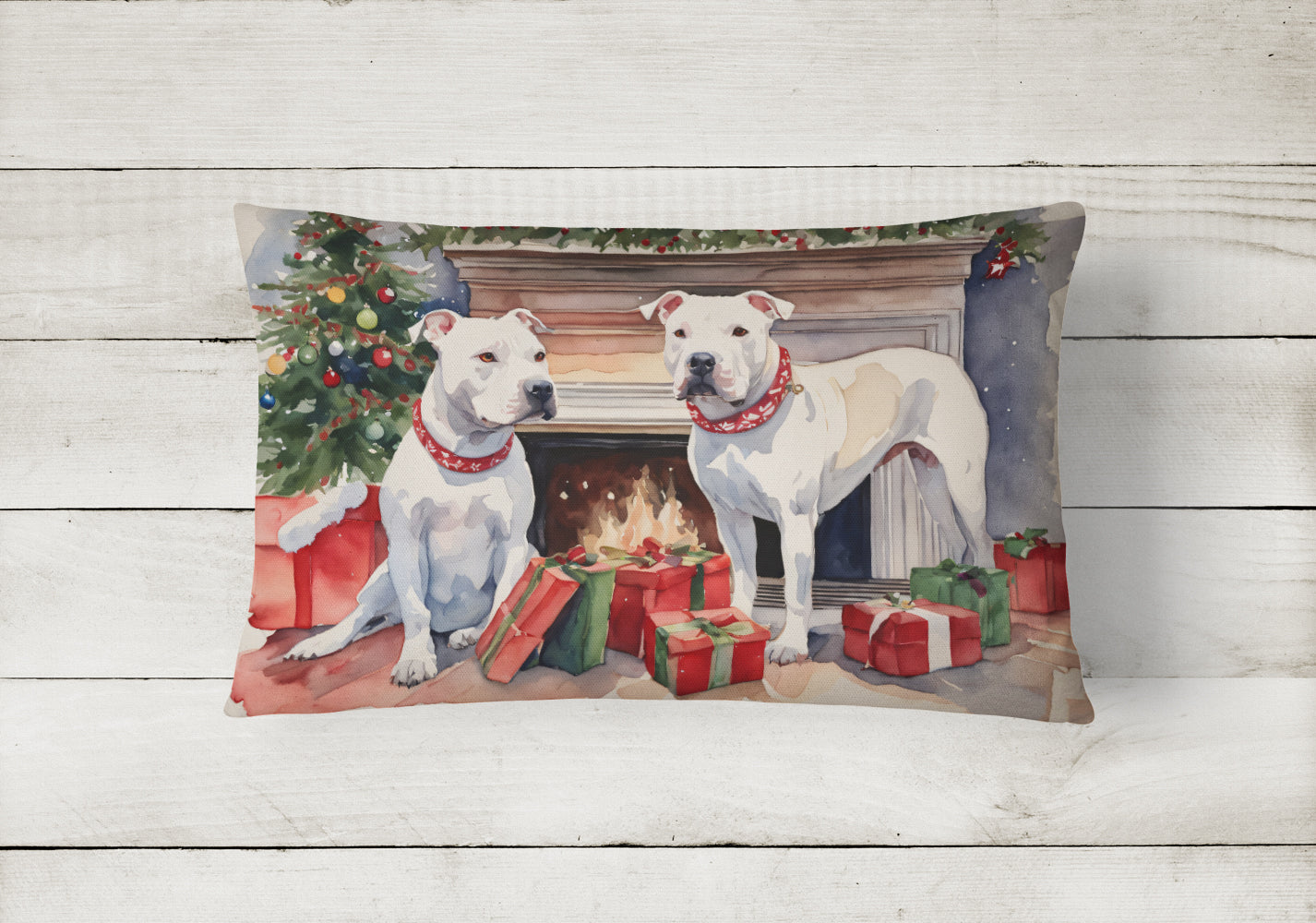 White Pit Bull Terrier Christmas Decorative Throw Pillow 12x16 Indoor Outdoor Accent Cushion, Fabric Cover with Insert for Sofa, Bed, Porch & Living Room