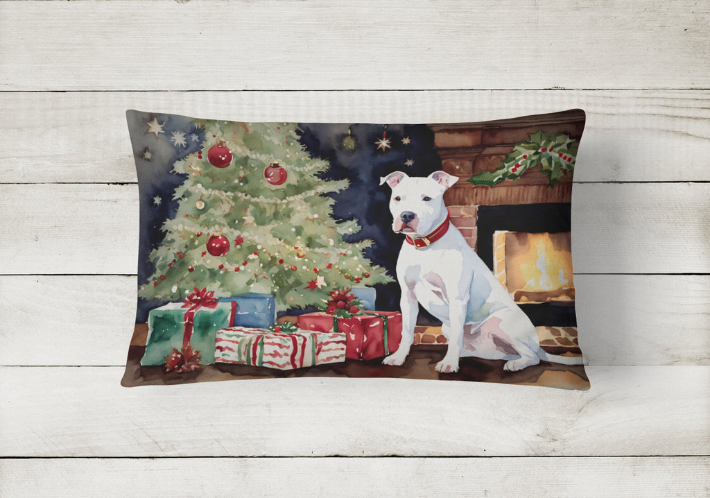 White Pit Bull Terrier Christmas Decorative Throw Pillow 12x16 Indoor Outdoor Accent Cushion, Fabric Cover with Insert for Sofa, Bed, Porch & Living Room