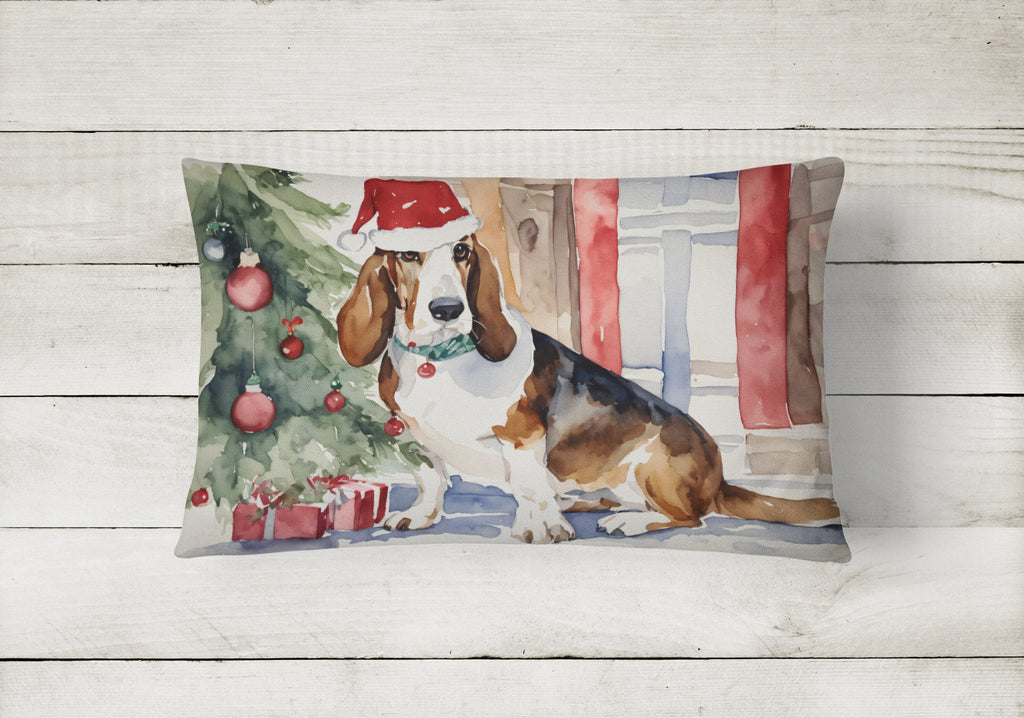 Basset Hound Christmas Decorative Throw Pillow 12x16 Indoor Outdoor Accent Cushion, Fabric Cover with Insert for Sofa, Bed, Porch & Living Room