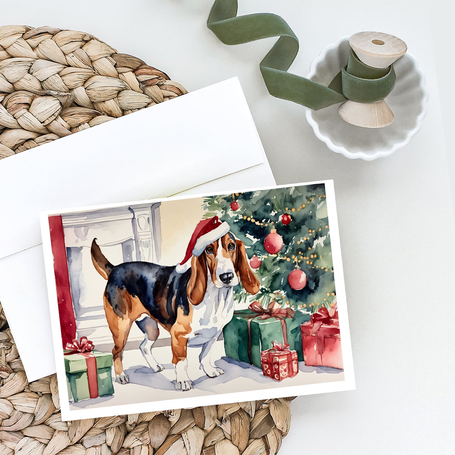 Basset Hound Christmas Greeting Cards Pack of 8 Blank Cards with Envelopes Whimsical A7 Size 5x7