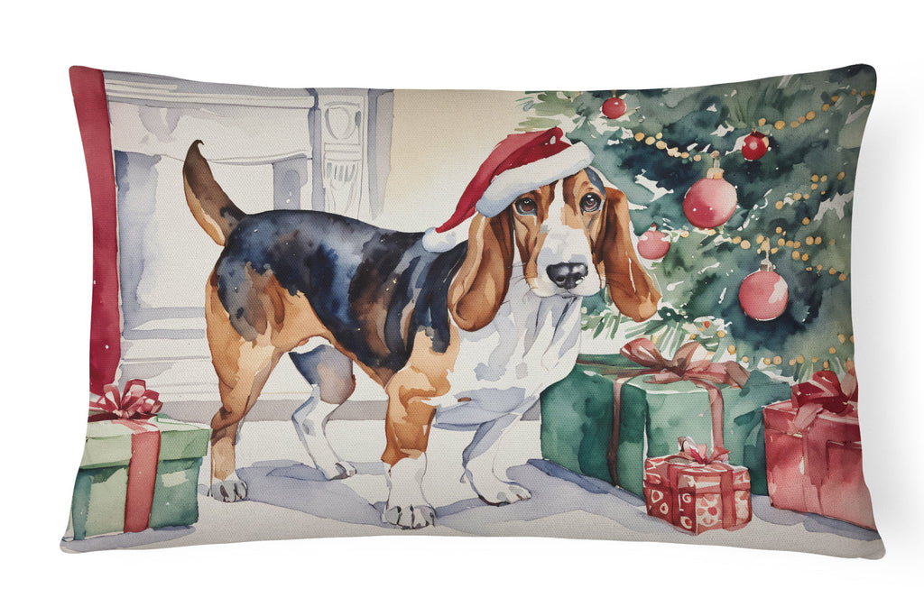 Basset Hound Christmas Decorative Throw Pillow 12x16 Indoor Outdoor Accent Cushion, Fabric Cover with Insert for Sofa, Bed, Porch & Living Room