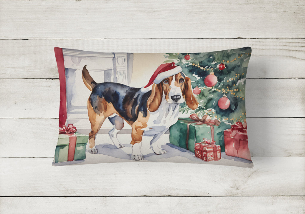 Basset Hound Christmas Decorative Throw Pillow 12x16 Indoor Outdoor Accent Cushion, Fabric Cover with Insert for Sofa, Bed, Porch & Living Room