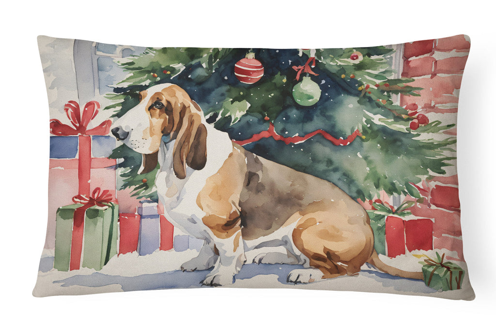 Basset Hound Christmas Decorative Throw Pillow 12x16 Indoor Outdoor Accent Cushion, Fabric Cover with Insert for Sofa, Bed, Porch & Living Room