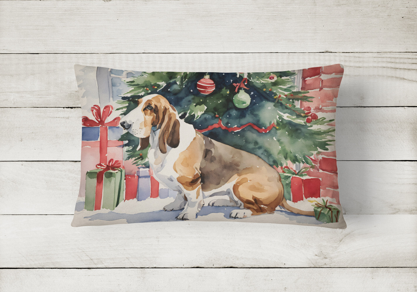 Basset Hound Christmas Decorative Throw Pillow 12x16 Indoor Outdoor Accent Cushion, Fabric Cover with Insert for Sofa, Bed, Porch & Living Room