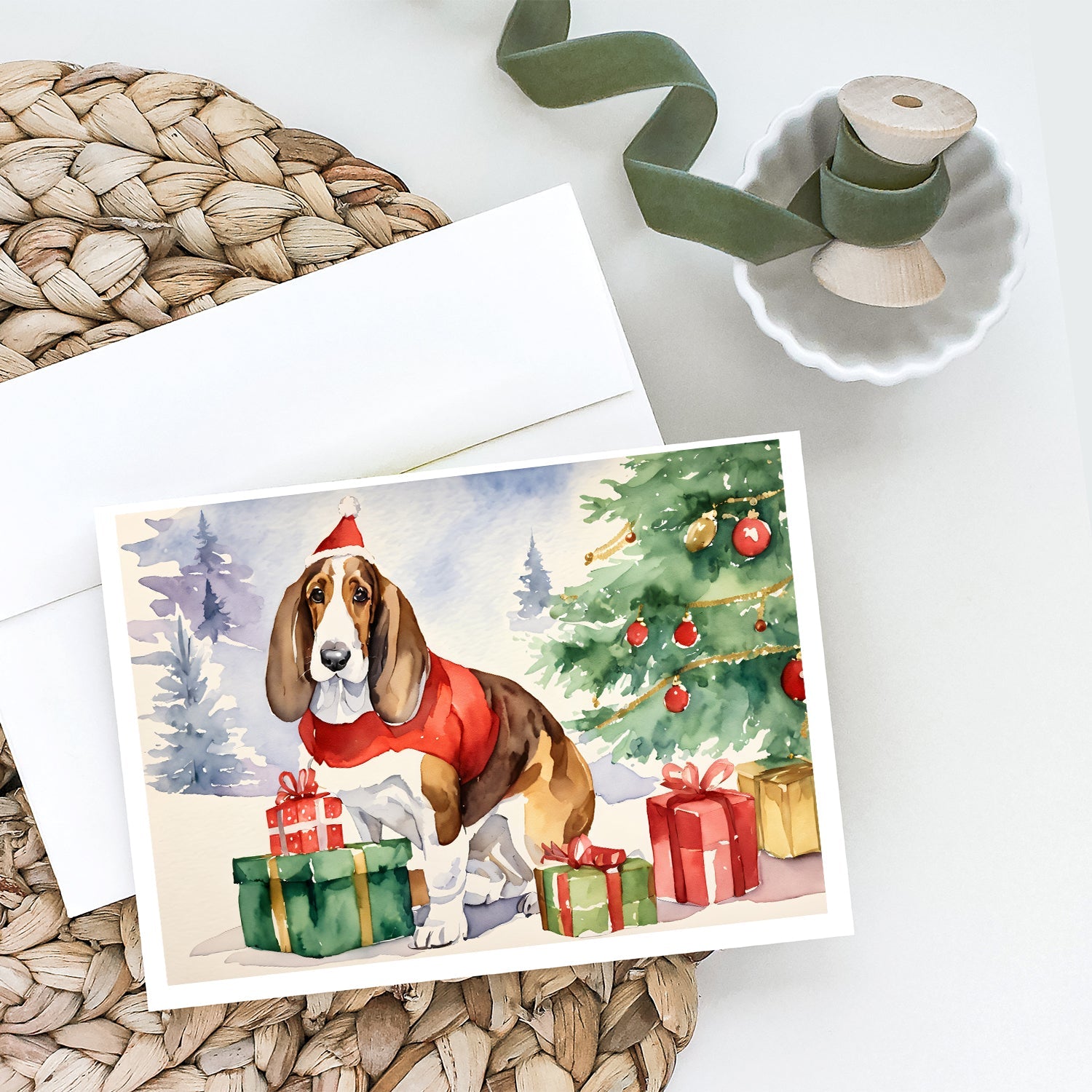 Basset Hound Christmas Greeting Cards Pack of 8 Blank Cards with Envelopes Whimsical A7 Size 5x7