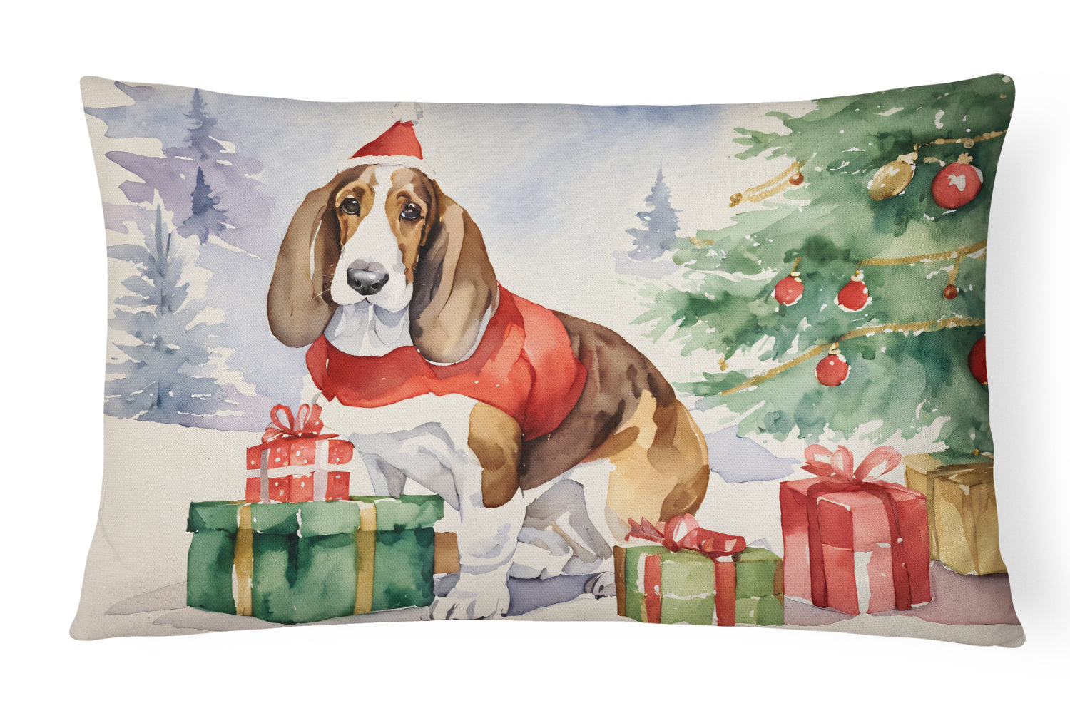 Basset Hound Christmas Decorative Throw Pillow 12x16 Indoor Outdoor Accent Cushion, Fabric Cover with Insert for Sofa, Bed, Porch & Living Room