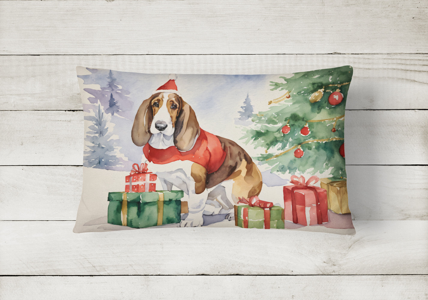 Basset Hound Christmas Decorative Throw Pillow 12x16 Indoor Outdoor Accent Cushion, Fabric Cover with Insert for Sofa, Bed, Porch & Living Room