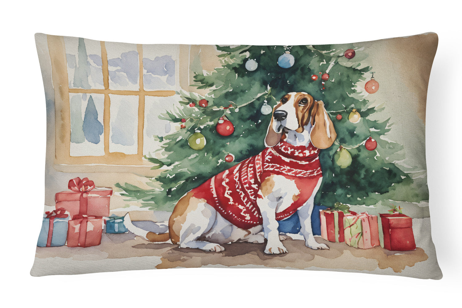 Basset Hound Christmas Decorative Throw Pillow 12x16 Indoor Outdoor Accent Cushion, Fabric Cover with Insert for Sofa, Bed, Porch & Living Room