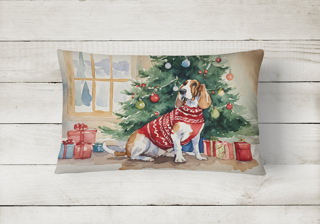 Basset Hound Christmas Decorative Throw Pillow 12x16 Indoor Outdoor Accent Cushion, Fabric Cover with Insert for Sofa, Bed, Porch & Living Room
