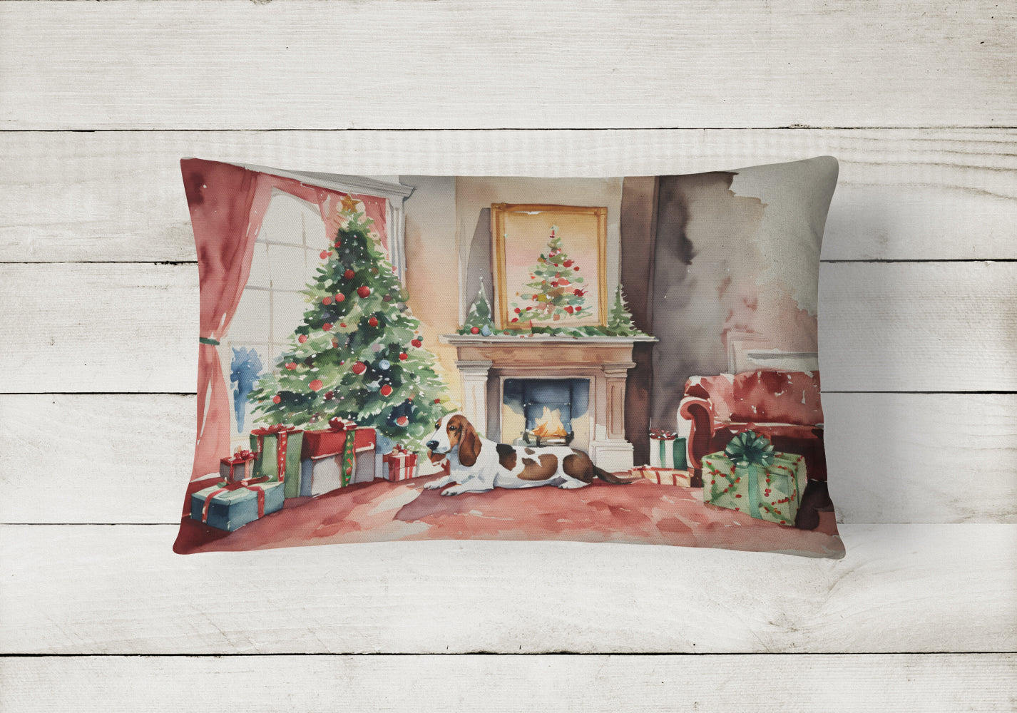 Basset Hound Christmas Decorative Throw Pillow 12x16 Indoor Outdoor Accent Cushion, Fabric Cover with Insert for Sofa, Bed, Porch & Living Room
