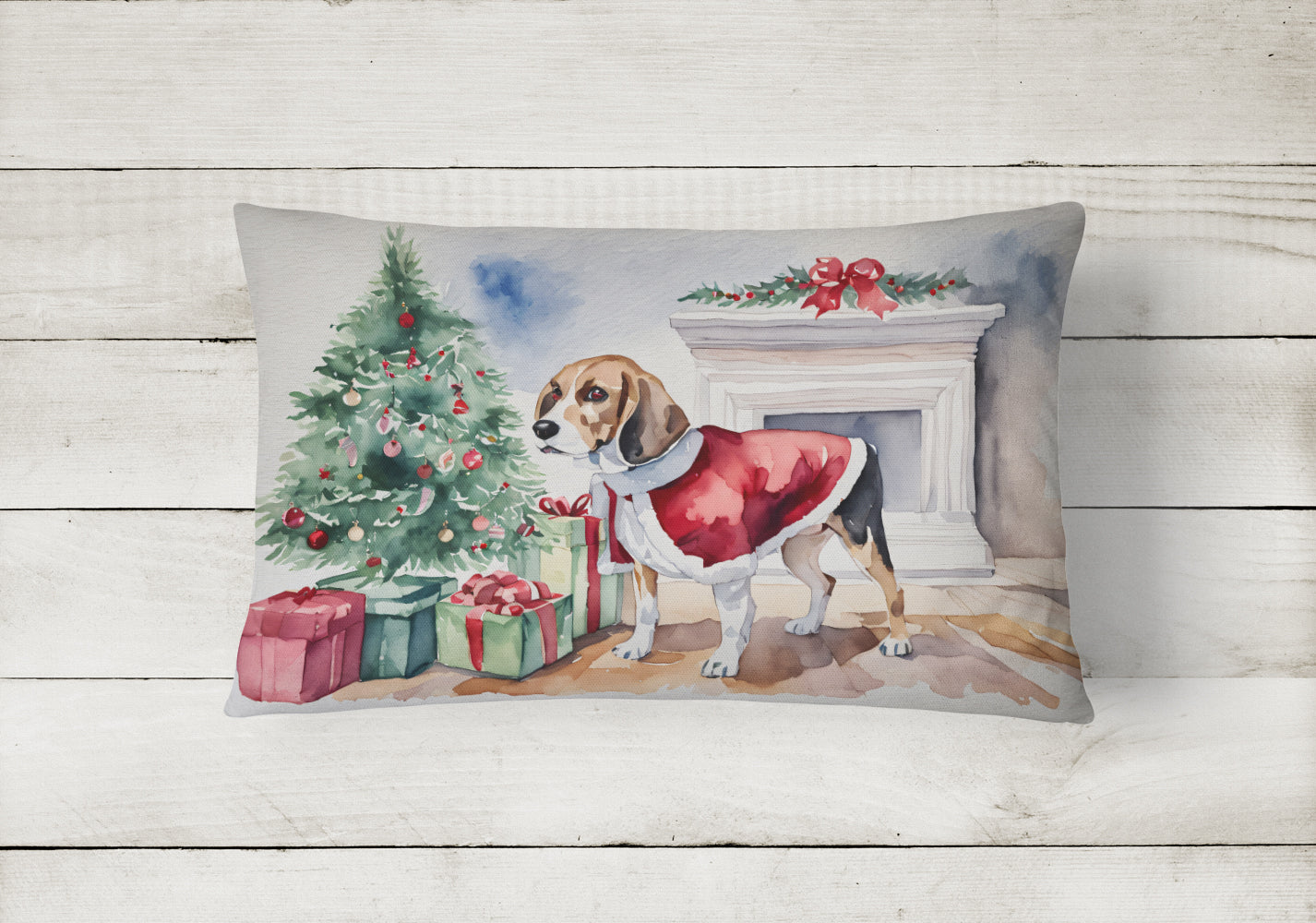 Beagle Christmas Decorative Throw Pillow 12x16 Indoor Outdoor Accent Cushion, Fabric Cover with Insert for Sofa, Bed, Porch & Living Room