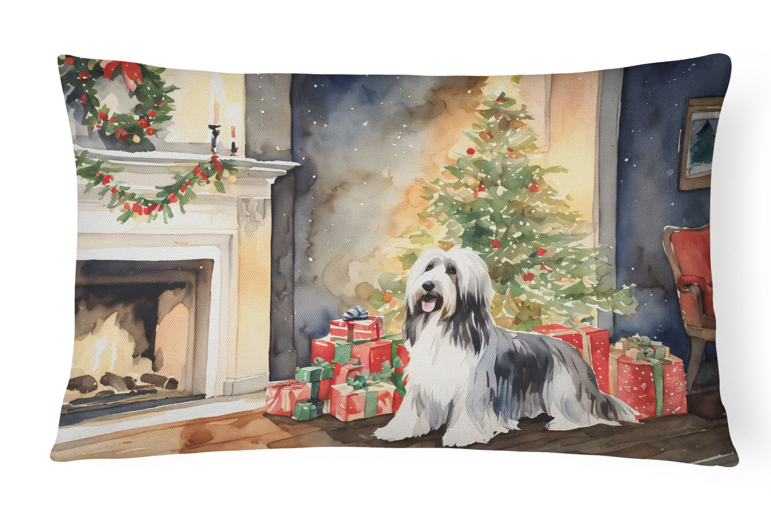 Bearded Collie Christmas Decorative Throw Pillow 12x16 Indoor Outdoor Accent Cushion, Fabric Cover with Insert for Sofa, Bed, Porch & Living Room