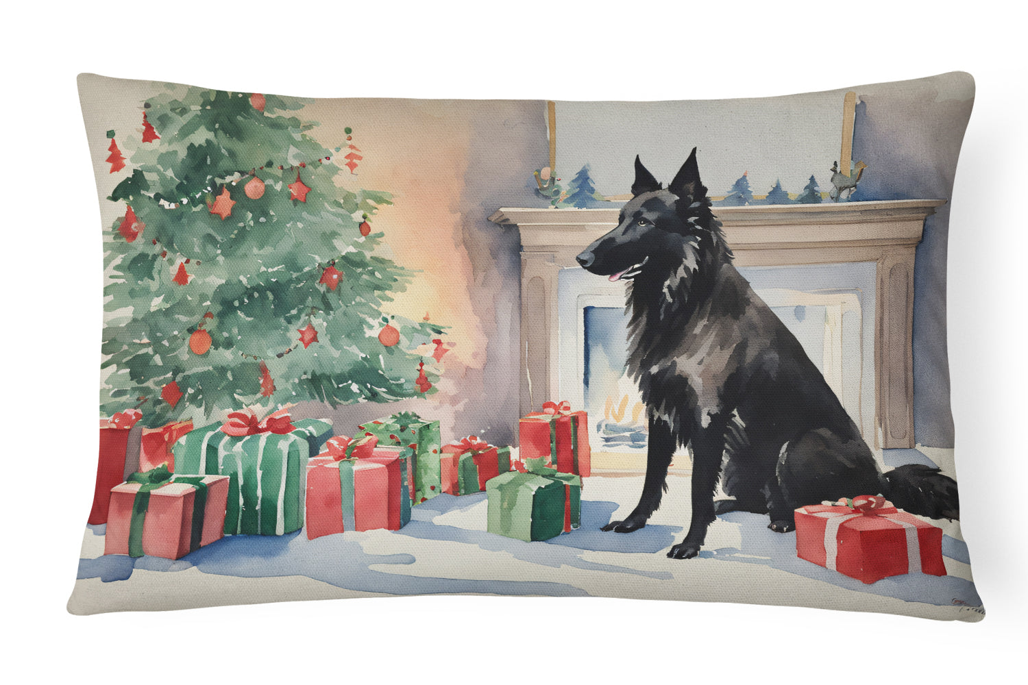 Belgian Sheepdog Christmas Decorative Throw Pillow 12x16 Indoor Outdoor Accent Cushion, Fabric Cover with Insert for Sofa, Bed, Porch & Living Room