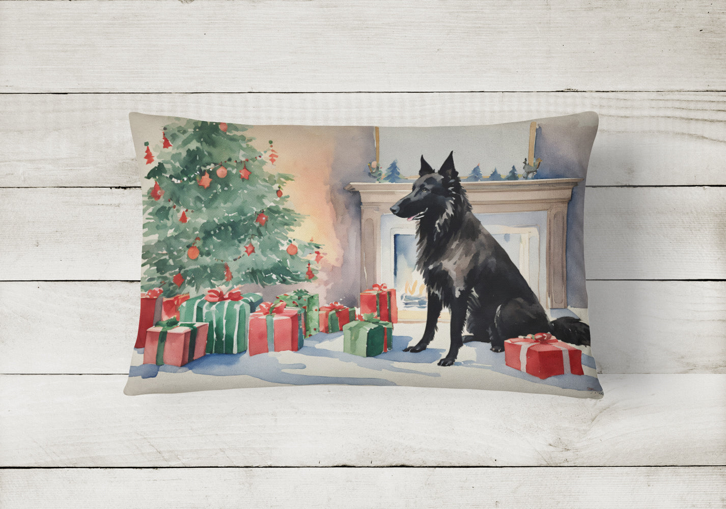Belgian Sheepdog Christmas Decorative Throw Pillow 12x16 Indoor Outdoor Accent Cushion, Fabric Cover with Insert for Sofa, Bed, Porch & Living Room