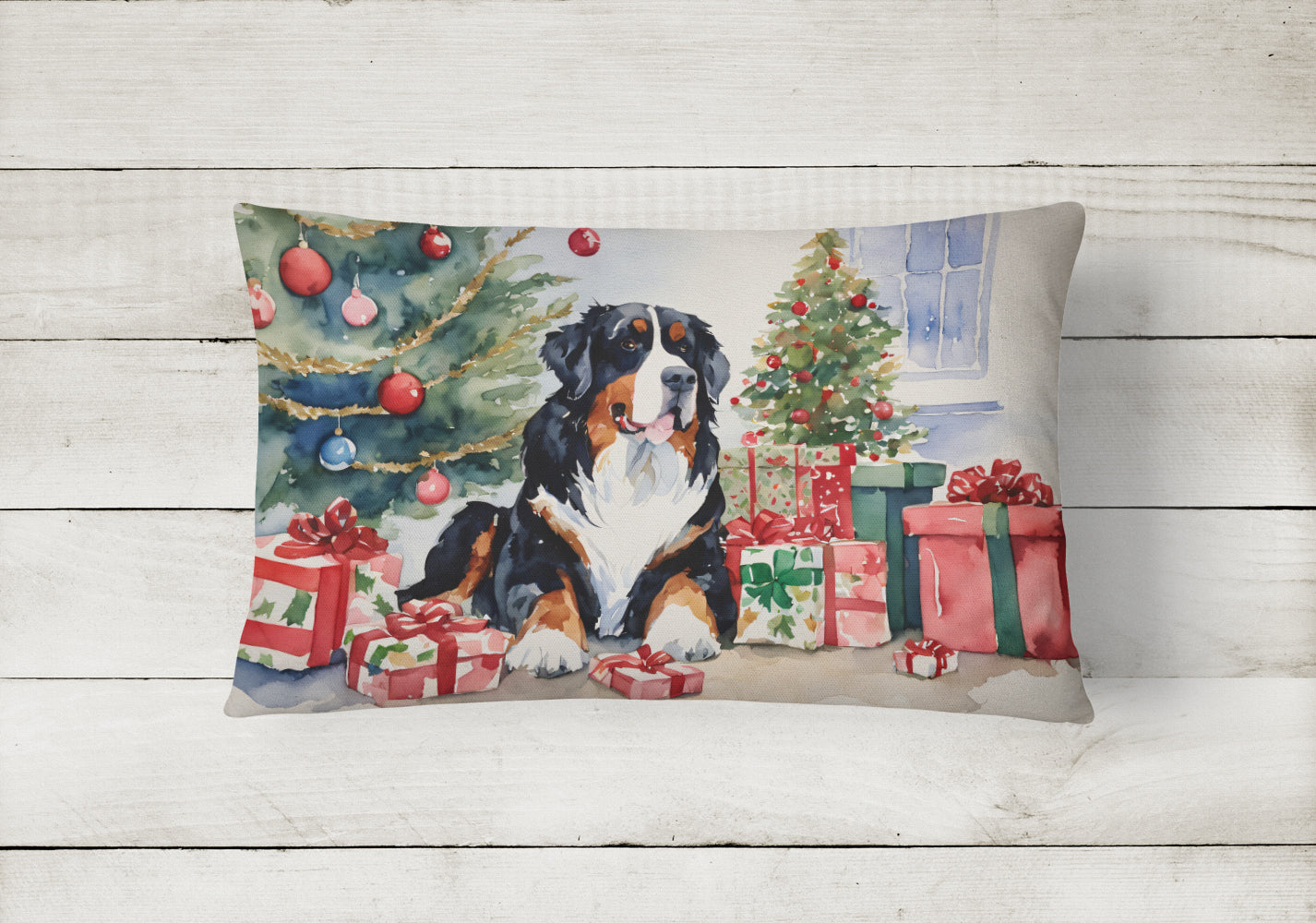 Bernese Mountain Dog Christmas Decorative Throw Pillow 12x16 Indoor Outdoor Accent Cushion, Fabric Cover with Insert for Sofa, Bed, Porch & Living Room
