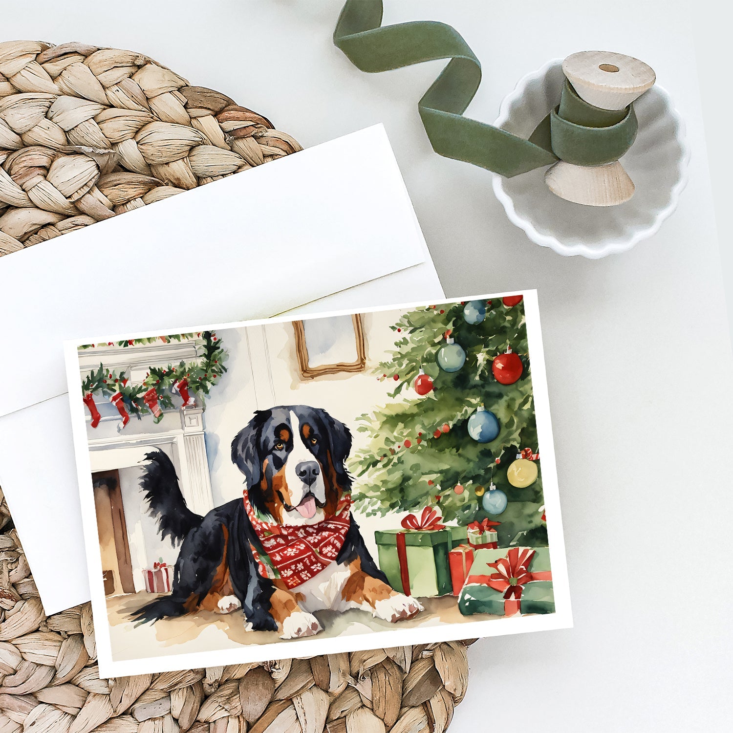 Bernese Mountain Dog Christmas Greeting Cards Pack of 8 Blank Cards with Envelopes Whimsical A7 Size 5x7