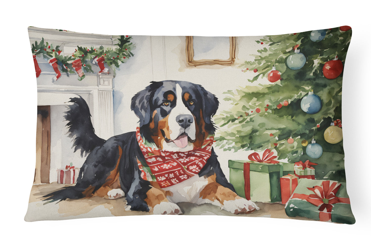 Bernese Mountain Dog Christmas Decorative Throw Pillow 12x16 Indoor Outdoor Accent Cushion, Fabric Cover with Insert for Sofa, Bed, Porch & Living Room