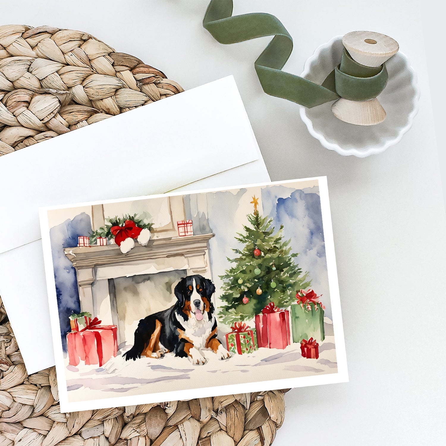 Bernese Mountain Dog Christmas Greeting Cards Pack of 8 Blank Cards with Envelopes Whimsical A7 Size 5x7