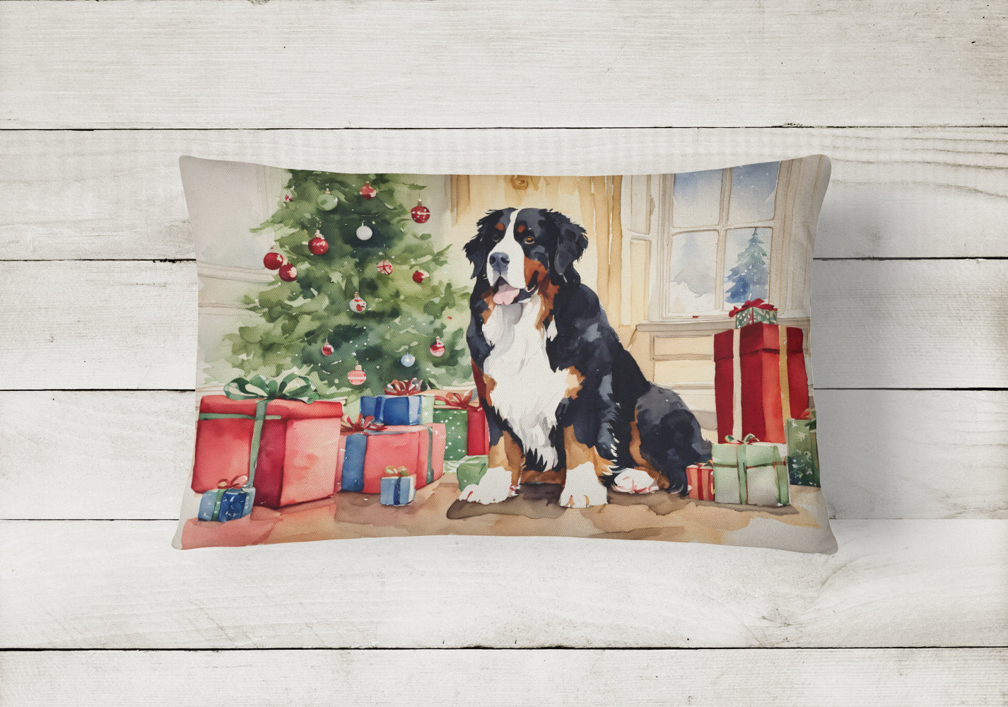 Bernese Mountain Dog Christmas Decorative Throw Pillow 12x16 Indoor Outdoor Accent Cushion, Fabric Cover with Insert for Sofa, Bed, Porch & Living Room