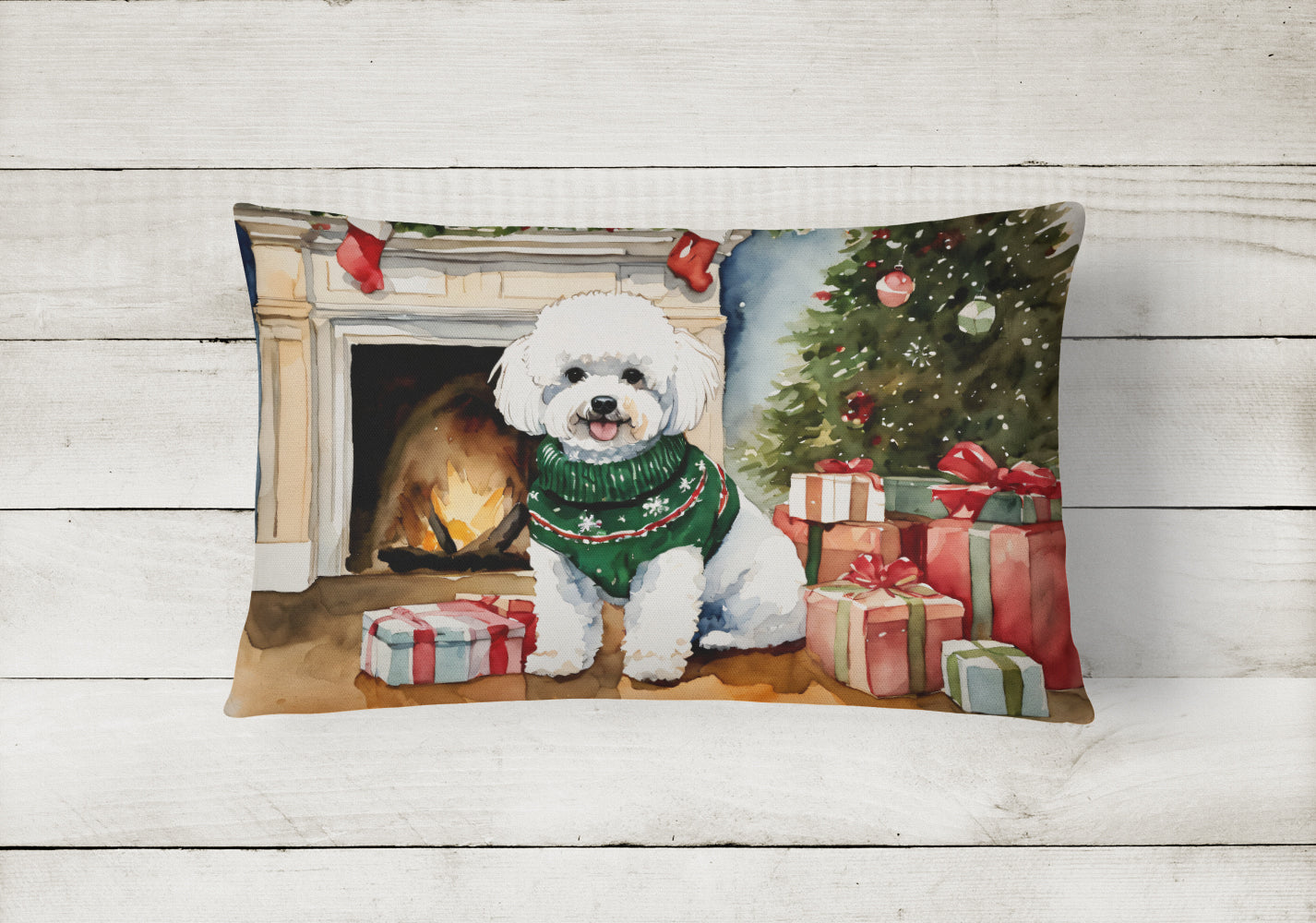 Bichon Frise Christmas Decorative Throw Pillow 12x16 Indoor Outdoor Accent Cushion, Fabric Cover with Insert for Sofa, Bed, Porch & Living Room