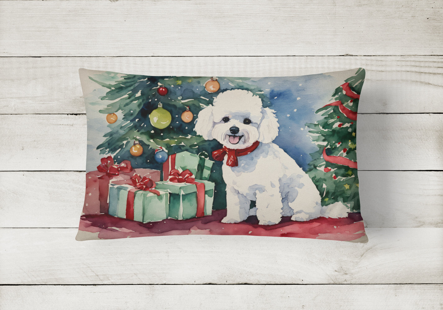 Bichon Frise Christmas Decorative Throw Pillow 12x16 Indoor Outdoor Accent Cushion, Fabric Cover with Insert for Sofa, Bed, Porch & Living Room