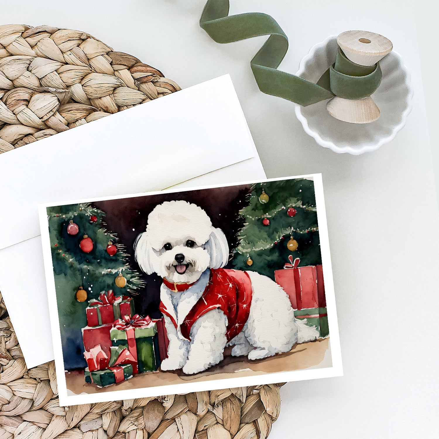 Bichon Frise Christmas Greeting Cards Pack of 8 Blank Cards with Envelopes Whimsical A7 Size 5x7