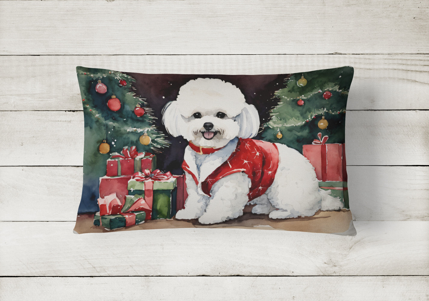 Bichon Frise Christmas Decorative Throw Pillow 12x16 Indoor Outdoor Accent Cushion, Fabric Cover with Insert for Sofa, Bed, Porch & Living Room
