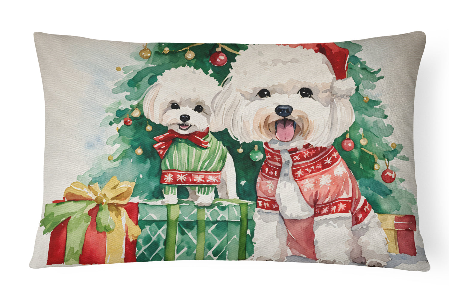 Bichon Frise Christmas Decorative Throw Pillow 12x16 Indoor Outdoor Accent Cushion, Fabric Cover with Insert for Sofa, Bed, Porch & Living Room