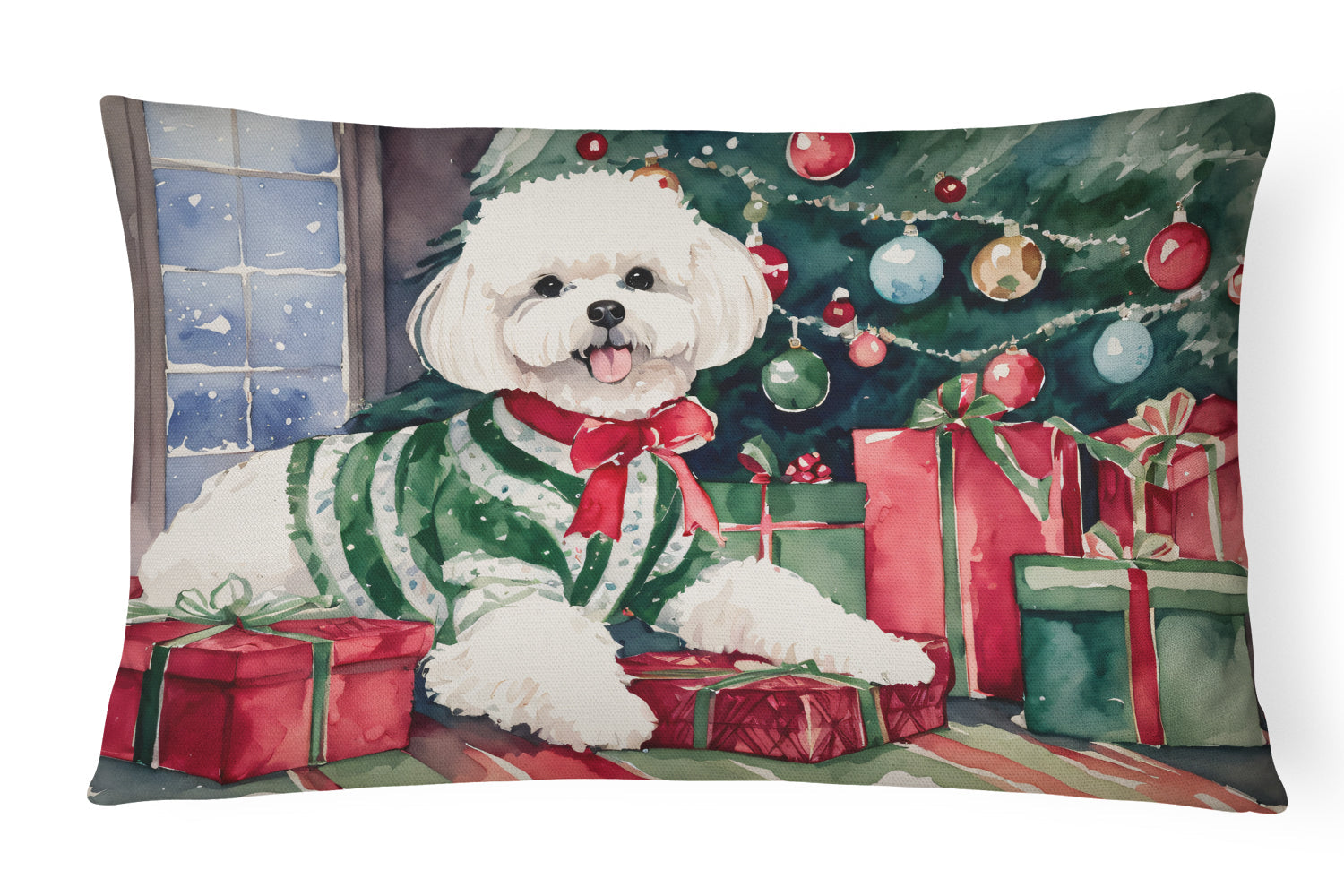 Bichon Frise Christmas Decorative Throw Pillow 12x16 Indoor Outdoor Accent Cushion, Fabric Cover with Insert for Sofa, Bed, Porch & Living Room