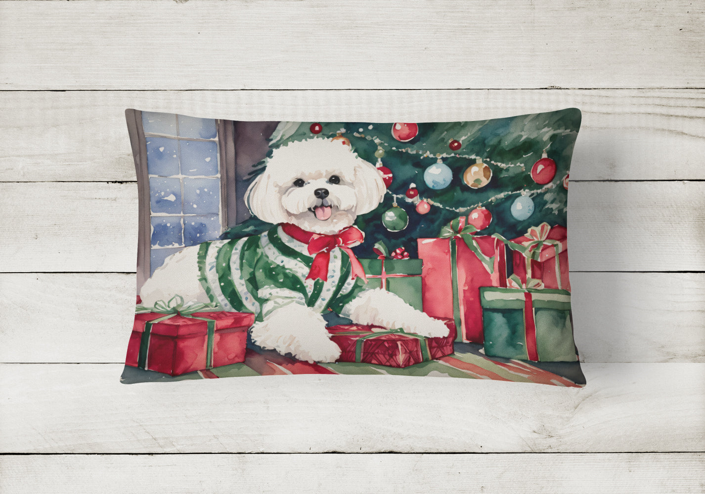Bichon Frise Christmas Decorative Throw Pillow 12x16 Indoor Outdoor Accent Cushion, Fabric Cover with Insert for Sofa, Bed, Porch & Living Room