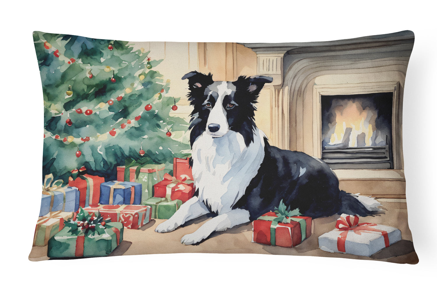 Border Collie Christmas Decorative Throw Pillow 12x16 Indoor Outdoor Accent Cushion, Fabric Cover with Insert for Sofa, Bed, Porch & Living Room