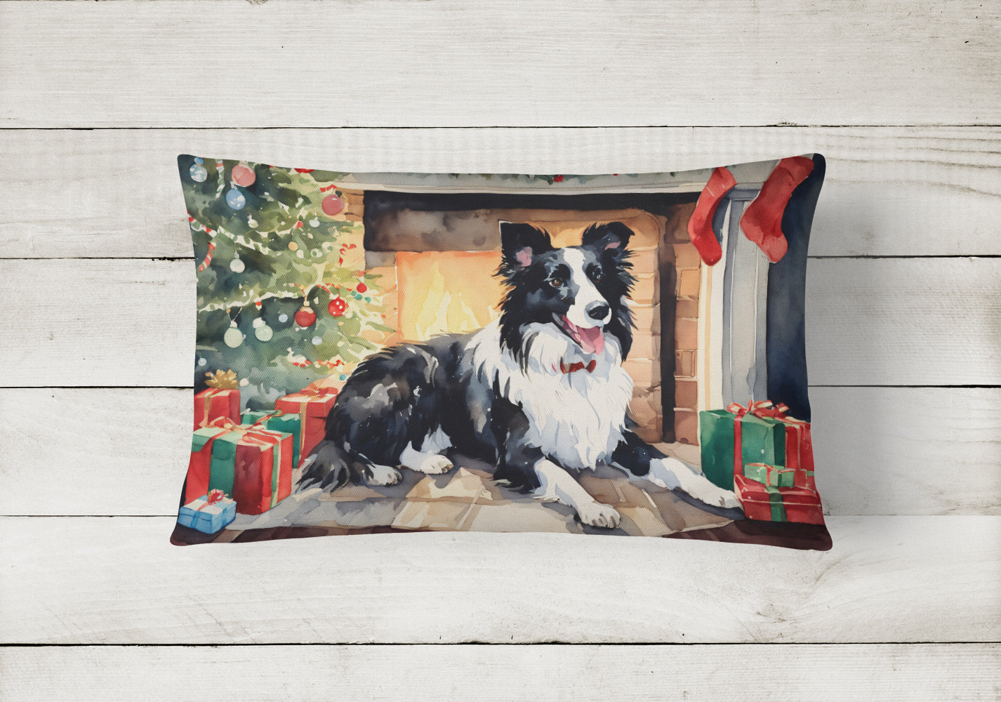 Border Collie Christmas Decorative Throw Pillow 12x16 Indoor Outdoor Accent Cushion, Fabric Cover with Insert for Sofa, Bed, Porch & Living Room
