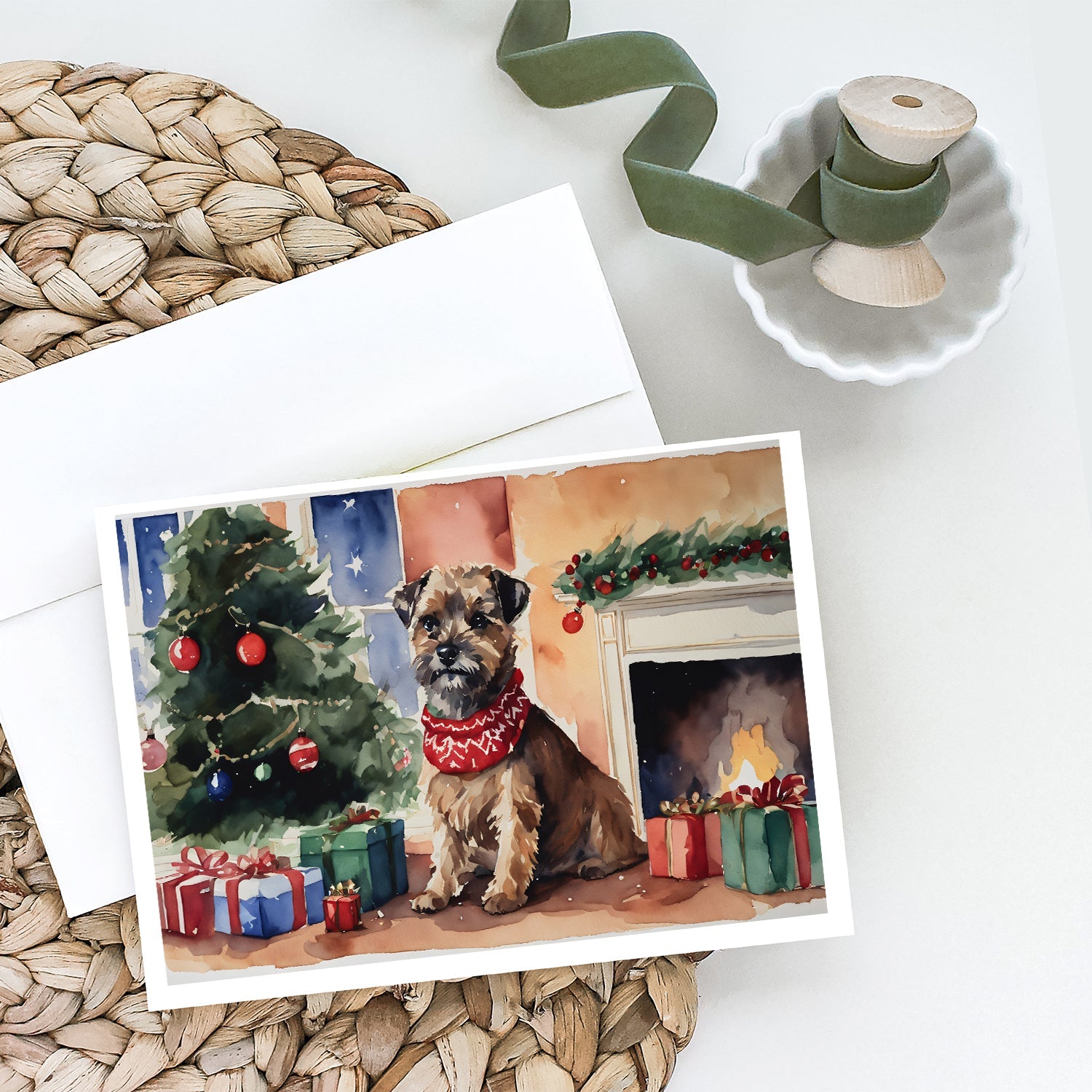 Border Terrier Christmas Greeting Cards Pack of 8 Blank Cards with Envelopes Whimsical A7 Size 5x7