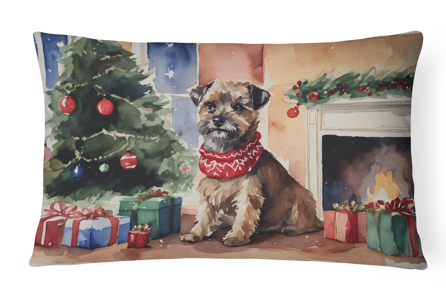 Border Terrier Christmas Decorative Throw Pillow 12x16 Indoor Outdoor Accent Cushion, Fabric Cover with Insert for Sofa, Bed, Porch & Living Room