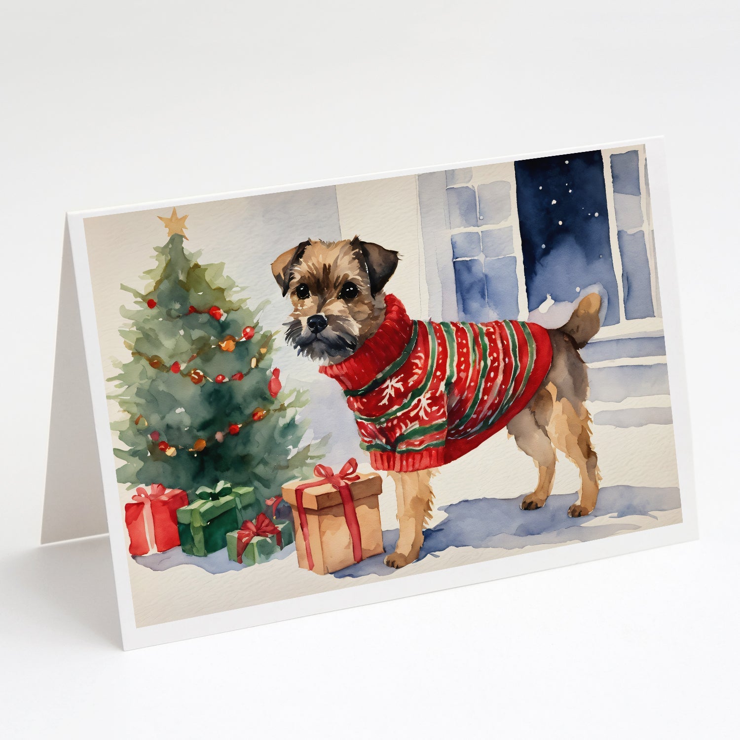 Border Terrier Christmas Greeting Cards Pack of 8 Blank Cards with Envelopes Whimsical A7 Size 5x7