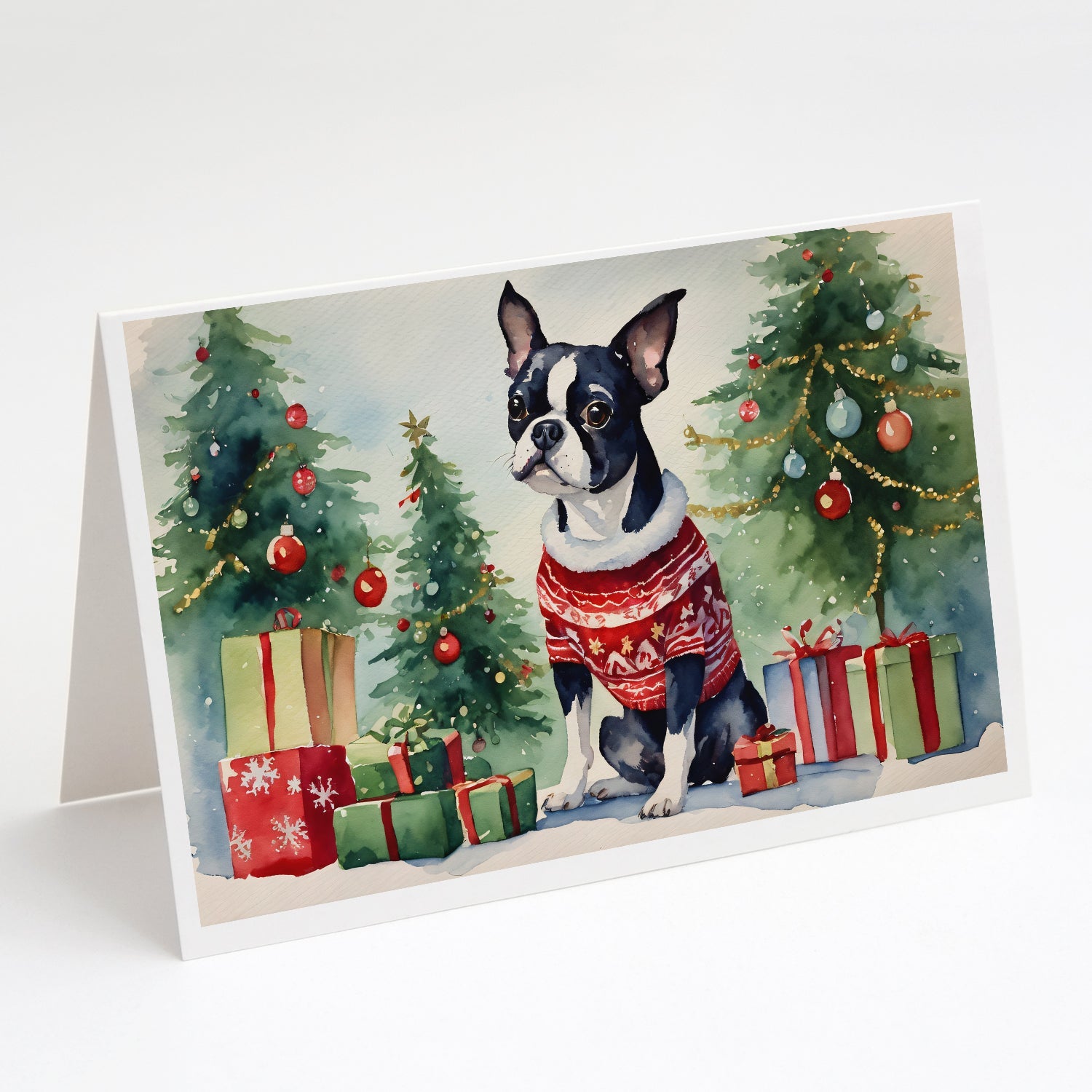 Boston Terrier Christmas Greeting Cards Pack of 8 Blank Cards with Envelopes Whimsical A7 Size 5x7