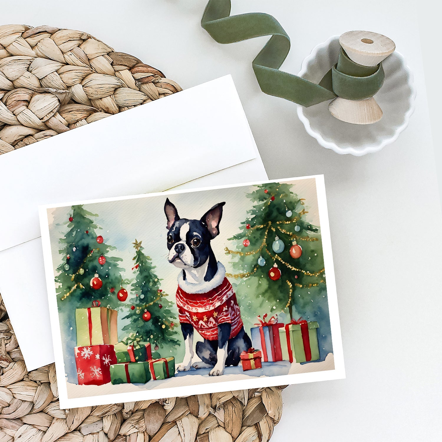 Boston Terrier Christmas Greeting Cards Pack of 8 Blank Cards with Envelopes Whimsical A7 Size 5x7