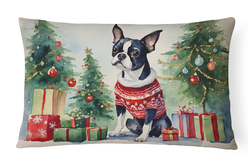 Boston Terrier Christmas Decorative Throw Pillow 12x16 Indoor Outdoor Accent Cushion, Fabric Cover with Insert for Sofa, Bed, Porch & Living Room