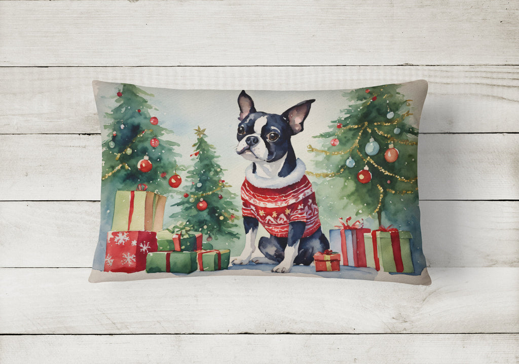 Boston Terrier Christmas Decorative Throw Pillow 12x16 Indoor Outdoor Accent Cushion, Fabric Cover with Insert for Sofa, Bed, Porch & Living Room